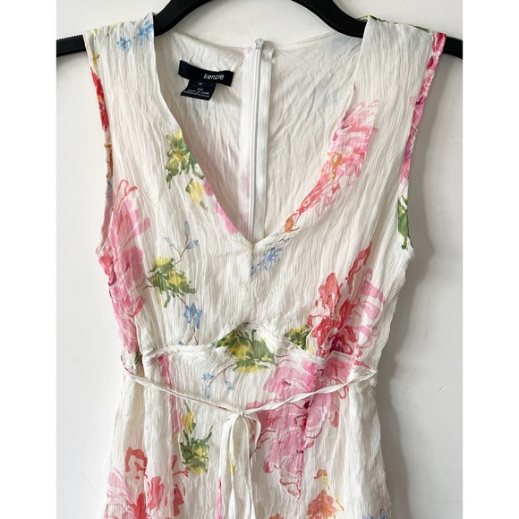 Kenzie White Pink Floral Silk V-Neck Sleeveless Dress 2 - Picture 3 of 10